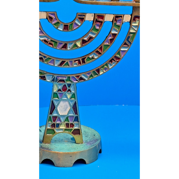 Hanukkah Menorah 9 Branch Brass Enamel Candle Holder 7" Tall Made in Israel - Picture 5 of 14